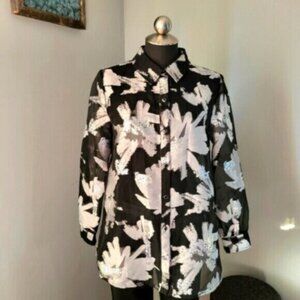 Metallic Silver Floral Print Blouse Sz Small